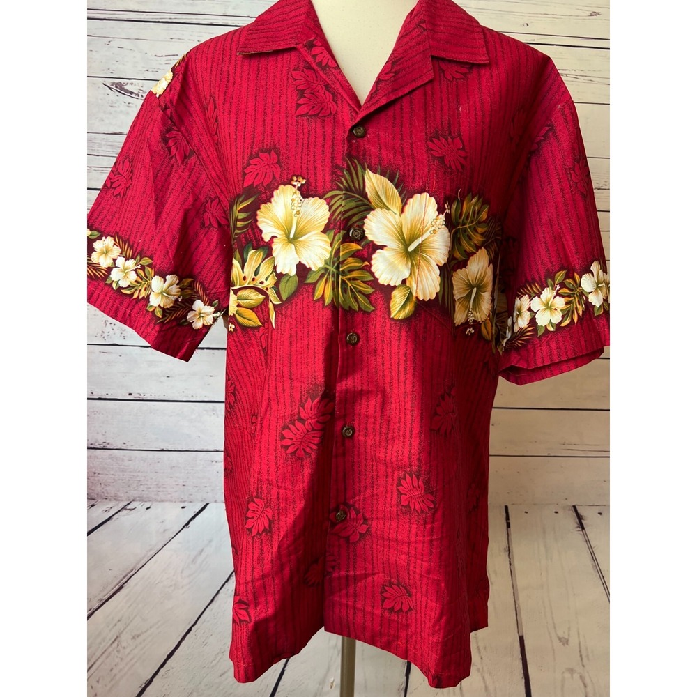 Blue Hawaii Shirt Mens Large Red Hibiscus Floral Cotton Aloha‎ USA Magnum PI